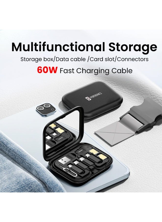 بورترونيكس Portronics Snapcase 60W Multifunctional Fast Charging Data Cable Kit, Conversion Set USB A & Type C to Male Micro/Type C/Lightning,Data Transfer,Sim Storage,Sim Eject Pin,Pocket Mirror,Phone Holder - Image 5